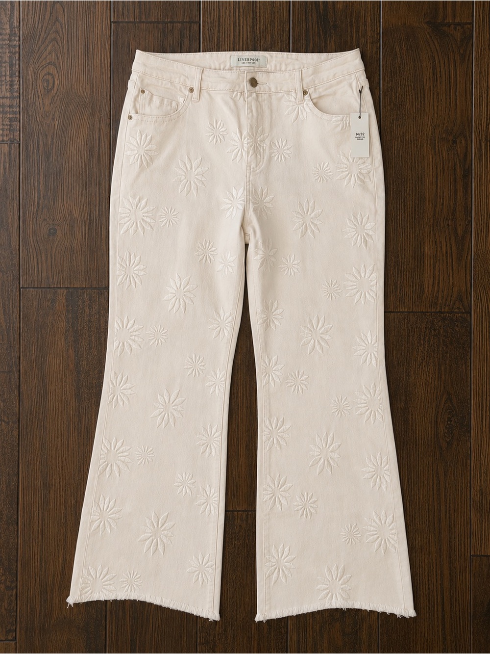 Liverpool Los Angeles Hannah Crop Flare Jeans with Embroidered Flowers Sz 14